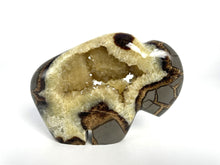 Load image into Gallery viewer, Utah Septarian Geode carved and polished into a buffalo with a sparkly calcite crystal interior