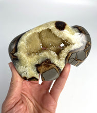 Load image into Gallery viewer, Utah Septarian Geode carved and polished into a buffalo with a sparkly calcite crystal interior