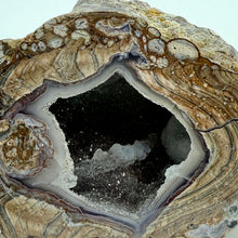 Load image into Gallery viewer, Close-up of a Beautifully Polished Utah Dugway Geode with Deep Stunning Crystal Cavity.