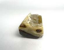 Load image into Gallery viewer, Septarian free form lapidary carved and highly polished with a stunning yellow and clear calcite crystal formation interior