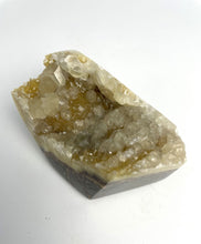 Load image into Gallery viewer, Septarian free form lapidary carved and highly polished with a stunning yellow and clear calcite crystal formation interior