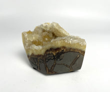 Load image into Gallery viewer, Septarian free form lapidary carved and highly polished with a stunning yellow and clear calcite crystal formation interior