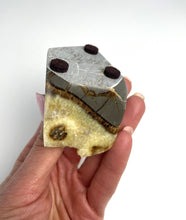 Load image into Gallery viewer, Septarian free form lapidary carved and highly polished with a stunning yellow and clear calcite crystal formation interior