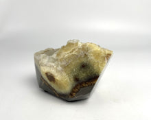 Load image into Gallery viewer, Septarian free form lapidary carved and highly polished with a stunning yellow and clear calcite crystal formation interior
