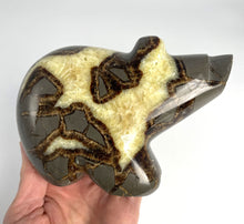 Load image into Gallery viewer, Septarian geode shaped and polished into a long neck bear