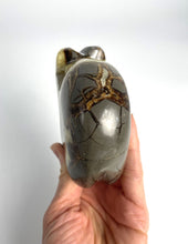 Load image into Gallery viewer, Utah Septarian geode composed of calcite, aragonite and limestone carved and polished into a long neck bear