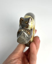 Load image into Gallery viewer, Septarian geode carved and polished into a long neck bear
