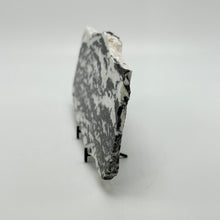 Load image into Gallery viewer, Decorative Zebra marble stone on a stand against a white background