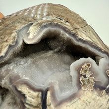 Load image into Gallery viewer, Dugway Geode Close-up of an agate lined cavity with a geode quartz interior