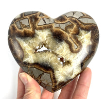 Load image into Gallery viewer, Utah Septarian Geode Heart sculpted and polished from a Septarian geode with a stunning calcite crystal hollow interior