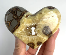 Load image into Gallery viewer, Utah Septarian Geode Heart sculpted and polished from a Septarian geode with a stunning calcite crystal hollow
