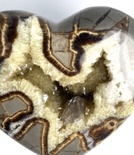 Load image into Gallery viewer, 3D Septarian Heart made from a Utah Septarian Geode with a unique barite crystal nestled amongst calcite crystals