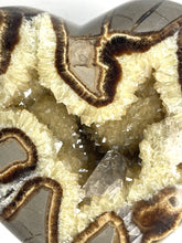 Load image into Gallery viewer, 3D Septarian Heart made from a Utah Septarian Geode with a unique barite crystal nestled amongst calcite crystals