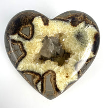 Load image into Gallery viewer, 3D Septarian Heart made from a Utah Septarian Geode with a unique barite crystal nestled amongst calcite crystals