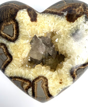 Load image into Gallery viewer, 3D Septarian Heart made from a Utah Septarian Geode with a unique barite crystal nestled amongst calcite crystals