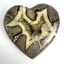 Load image into Gallery viewer, 3D Septarian Heart made from a Utah Septarian Geode with a unique barite crystal nestled amongst calcite crystals
