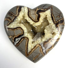 Load image into Gallery viewer, 3D Septarian Heart made from a Utah Septarian Geode with a unique barite crystal nestled amongst calcite crystals