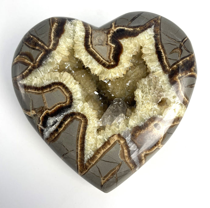 3D Septarian Heart made from a Utah Septarian Geode with a unique barite crystal nestled amongst calcite crystals