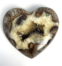 Load image into Gallery viewer, Utah Septarian Geode Heart sculpted and polished from a Septarian geode with a stunning calcite crystal hollow interior