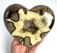 Load image into Gallery viewer, 3D Septarian Heart made from a Utah Septarian Geode with unique barite crystals nestled amongst calcite crystals
