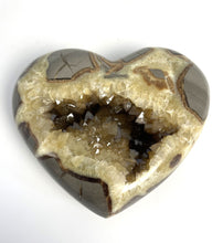 Load image into Gallery viewer, Utah Septarian Geode Heart sculpted and polished from a Septarian geode with a stunning calcite crystal hollow interior