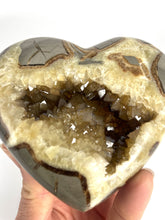 Load image into Gallery viewer, Utah Septarian Geode Heart sculpted and polished from a Septarian geode with a stunning calcite crystal hollow interior