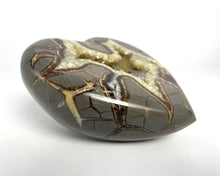 Load image into Gallery viewer, 3D Septarian Heart made from a Utah Septarian Geode with a unique barite crystal nestled amongst calcite crystals
