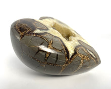 Load image into Gallery viewer, 3D Septarian Heart made from a Utah Septarian Geode with a unique barite crystal nestled amongst calcite crystals