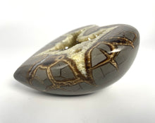 Load image into Gallery viewer, 3D Septarian Heart made from a Utah Septarian Geode with a unique barite crystal nestled amongst calcite crystals
