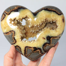 Load image into Gallery viewer, Utah Septarian Geode Heart sculpted and polished from a Septarian geode with a stunning calcite crystal hollow interior
