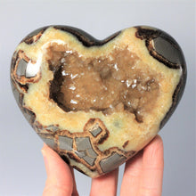 Load image into Gallery viewer, Utah Septarian Geode Heart sculpted and polished from a Septarian geode with a stunning calcite crystal hollow interior