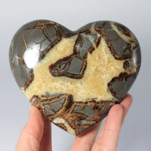 Load image into Gallery viewer, Utah Septarian Geode Heart sculpted and polished from a Septarian geode with a stunning calcite, aragonite crystal and limestone pattern