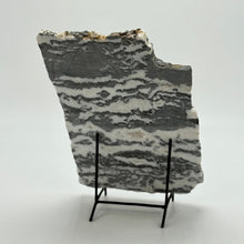 Load image into Gallery viewer, Zebra marble slab on a stand against a white background
