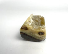 Load image into Gallery viewer, Septarian free form lapidary carved and highly polished with a stunning yellow and clear calcite crystal formation interior
