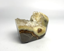 Load image into Gallery viewer, Septarian free form lapidary carved and highly polished with a stunning yellow and clear calcite crystal formation interior
