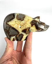 Load image into Gallery viewer, Septarian geode composed of calcite, aragonite and limestone carved and polished into a long neck bear 
