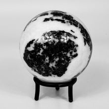 Load image into Gallery viewer, Zebra marble sphere on a stand against a white background

