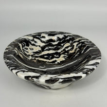 Load image into Gallery viewer, Black and white marbled lapidary shaped and polished bowl on a light gray background
