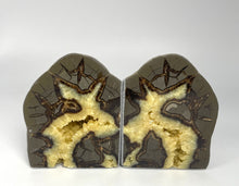 Load image into Gallery viewer, Septarian Bookend with a stunning polished face and small calcite crystal filled cavity
