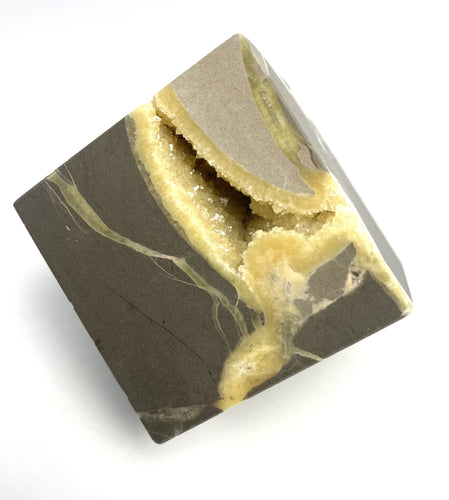 Septarian Cube with Hollow Cavity full of Shimmering Calcite Crystals