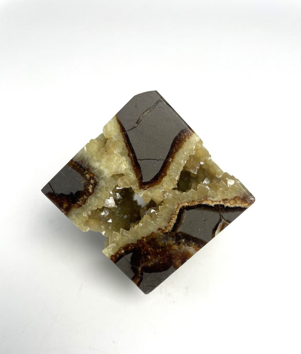 Septarian Rock Cube with Shimmering Calcite Crystals