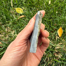 Load image into Gallery viewer, Hand holding a small Utah Wheeler shale rock against a grassy background
