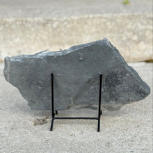 Load image into Gallery viewer, Large gray shale slab on a stand against a neutral background
