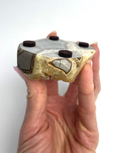 Load image into Gallery viewer, Septarian free form lapidary hand carved and highly polished with a stunning yellow calcite crystal formation interior
