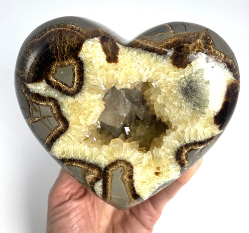3D Septarian Heart made from a Utah Septarian Geode with unique barite crystals nestled amongst calcite crystals