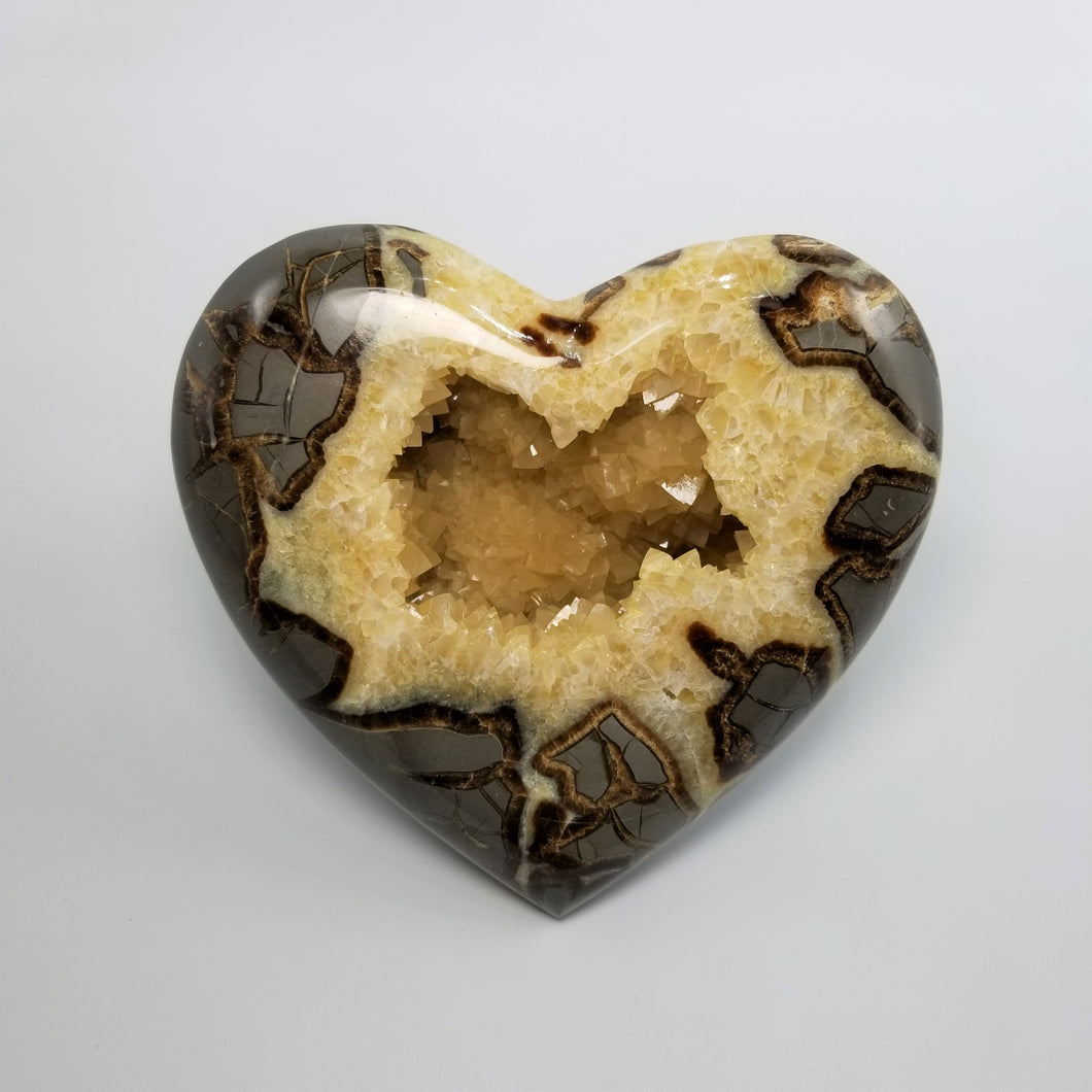  3d Septarian Heart made from a Septarian Geode with a beautiful open cavity full of stunning calcite crystals