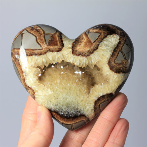 Utah Septarian Geode Heart sculpted and polished from a Septarian geode with a stunning calcite crystal hollow interior