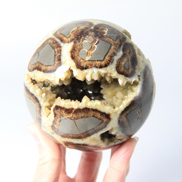 Utah septarian geode sculpted into a unique, one-of-a-kind stunning sphere.