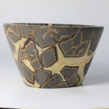Load image into Gallery viewer, Septarian Bowl all polished showing aragonite, limestone and calcite pattern
