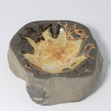 Load image into Gallery viewer, Sculpted and polished Septarian bowl with the original rough outside edge and the bright and colorful polished Calcite and Aragonite pattern found in the center.
